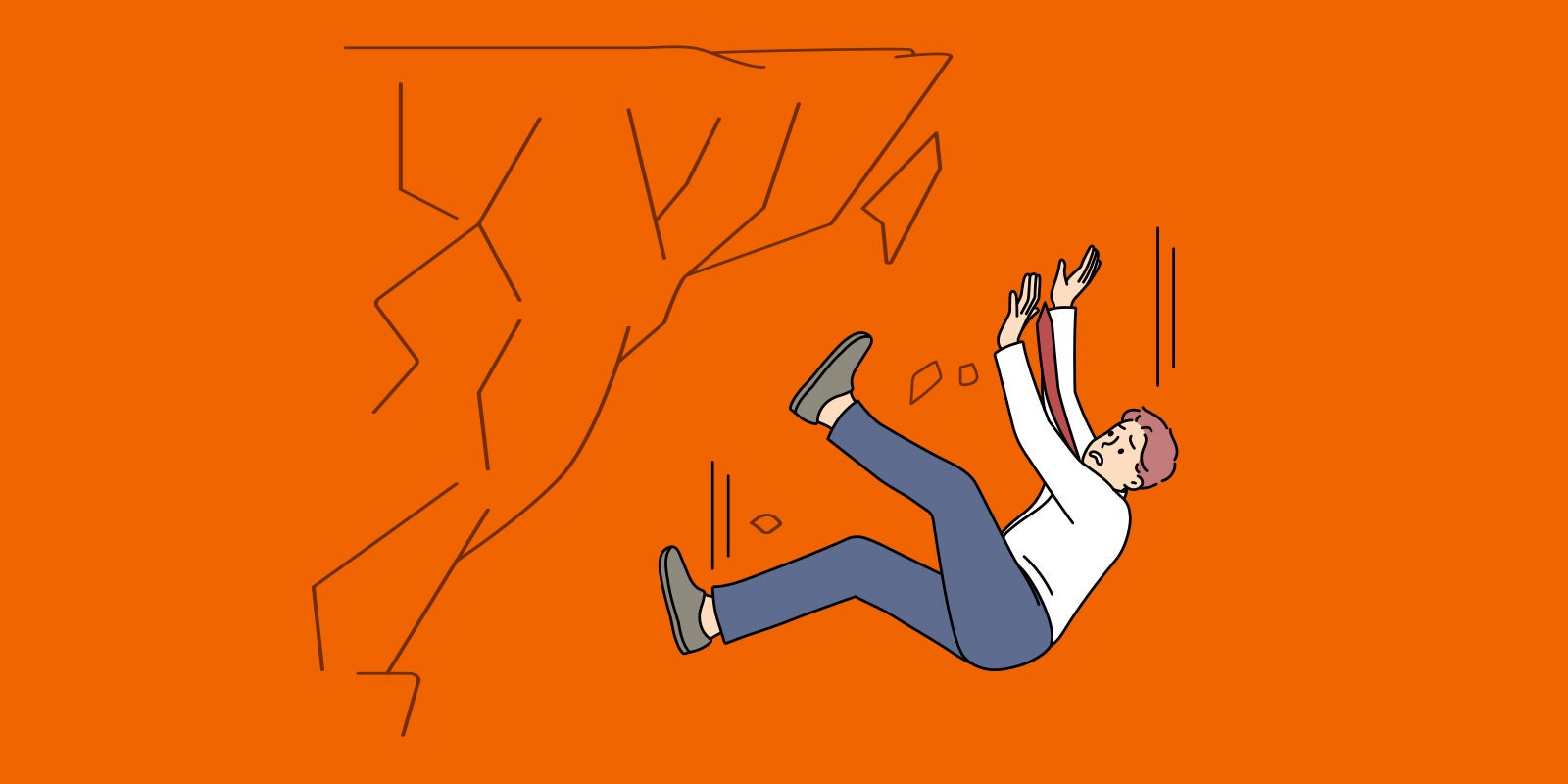 illustration of a man business professional struggling to climb up a vertical cliff to show this blog is about why leadership development fails and why companies are struggling with it