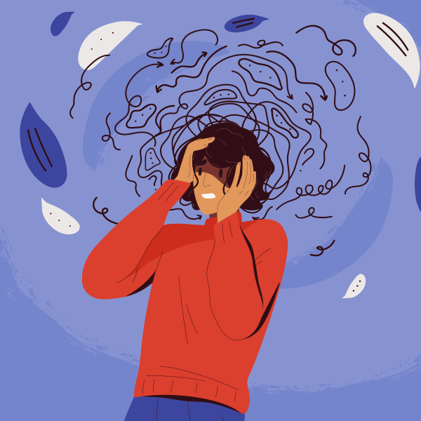 Animierter Mann mit besorgtem Blick und den Händen über dem Kopf, um zu zeigen, dass es wichtig ist, seine Auslöser zu identifizieren und seine Emotionen zu kontrollieren, wenn man die Resilienz verbessern möchte