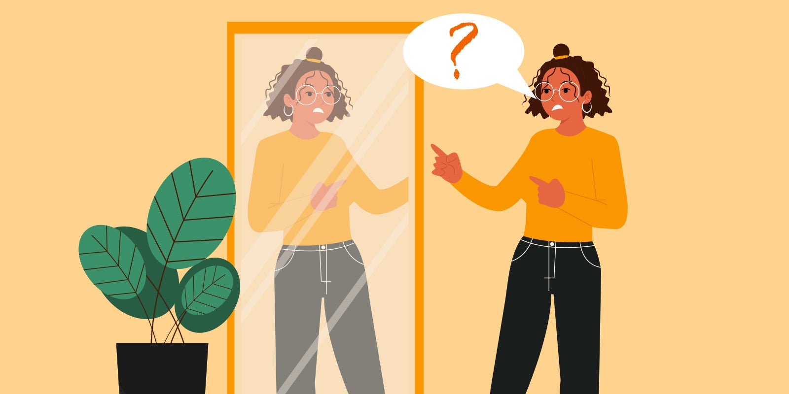 Illustration of a leader looking in the mirror with a thought bubble with a question mark in it to show that this blog post is covering leadership questions to ask yourself before becoming a leader