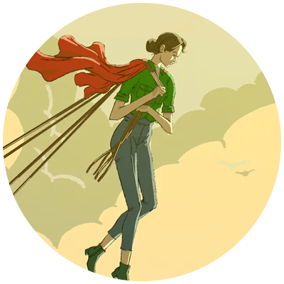 middle manager woman wearing superhero cape flying and pulling ropes to symbolize one of the top leadership articles of 2023