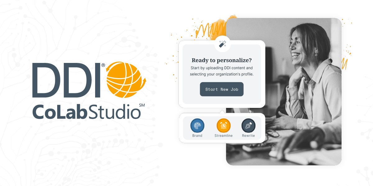 DDI's CoLab logo with CoLab image of woman smiling and looking at the personalization tools she can use customize leadership content.