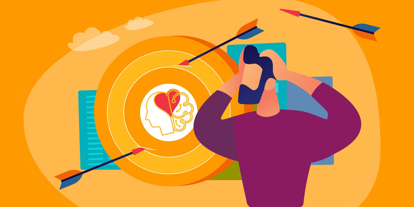 illustration of a man with his hands on his head with a bullseye in the background that has a brain and a heart intertwined in the middle and two arrows missing the bullseye to show this blog is about emotional intelligence in leadership