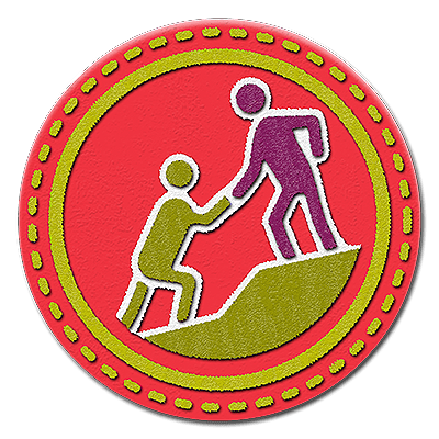 Badge de coaching et de développement des autres (une personne donnant un coup de main à une autre) pour représenter l’une des compétences de base en leadership