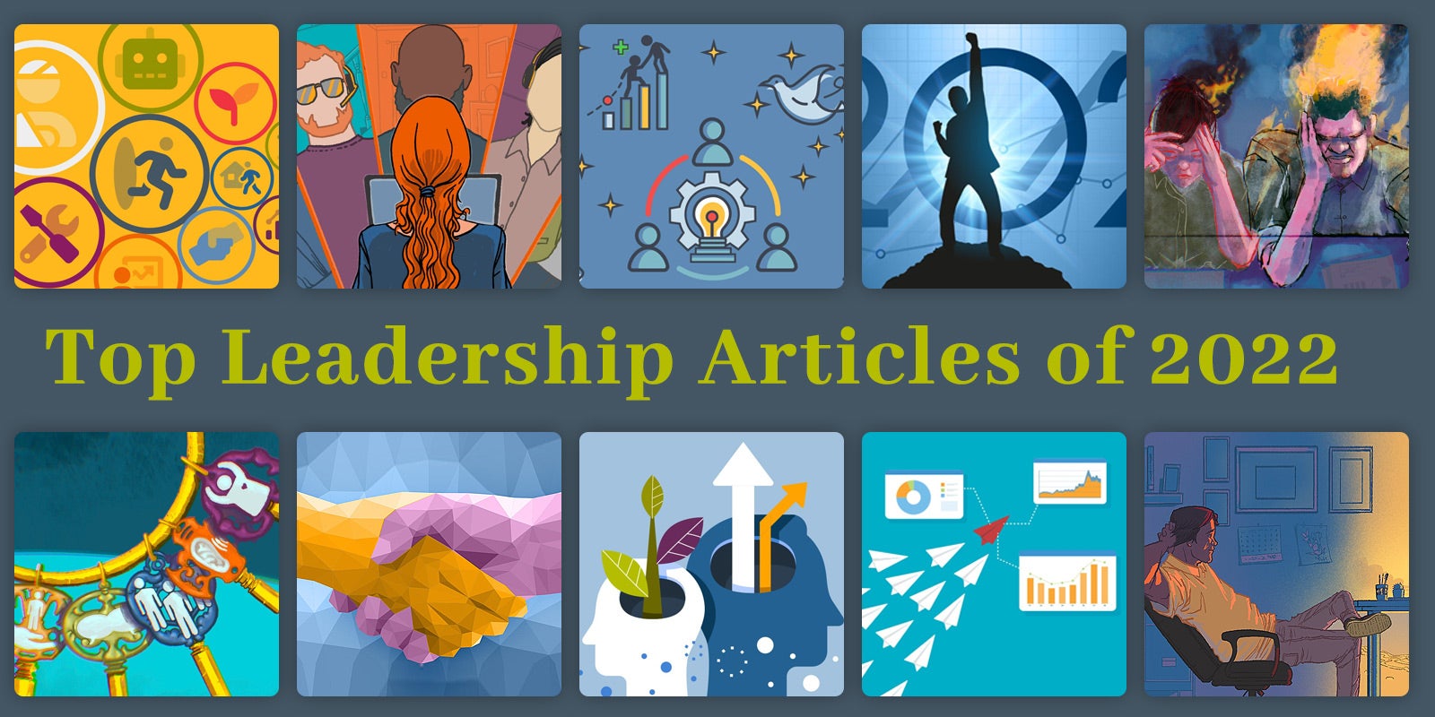 image that says top leadership articles of 2022 surrounded by 10 small images representing each one of the top-10 leadership articles of 2022 we outline in this blog