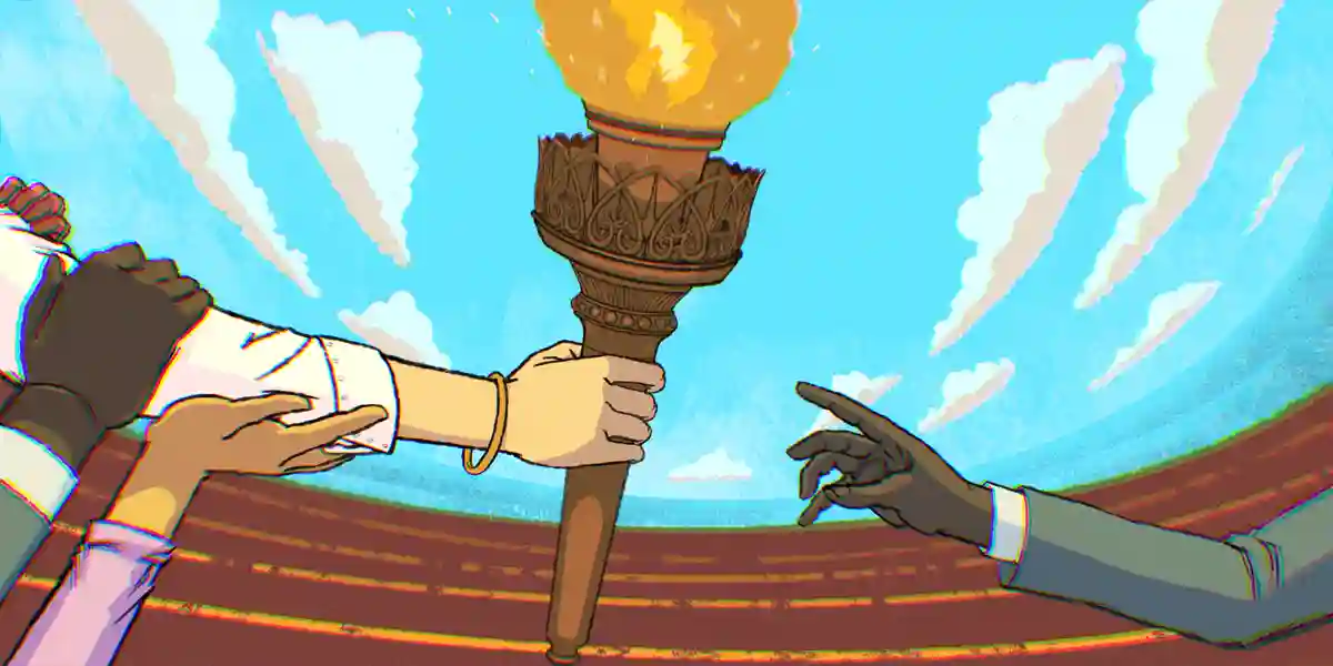 illustration de divers bras et mains de professionnels des affaires passant un flambeau, l’arrière-plan de cette scène est une piste de course, tout pour montrer que ce blog donne des conseils aux administrateurs sur la façon de gérer le rôle de leur PDG dans le processus de planification de la relève de leur rôle