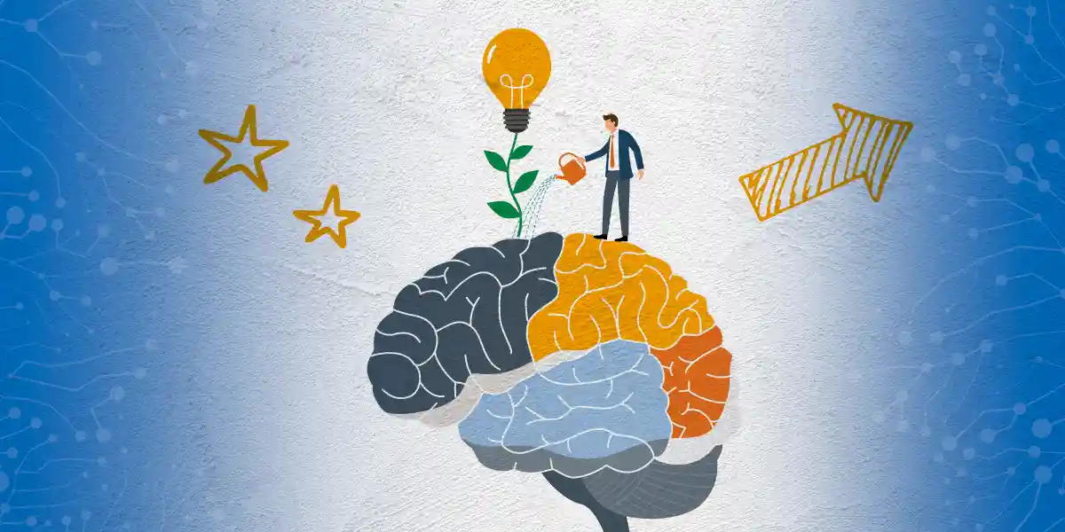 Un homme qui arrose un cerveau avec une ampoule qui en sort. Les étoiles à droite indiquent le leadership et l’icône en forme de flèche indique le développement.