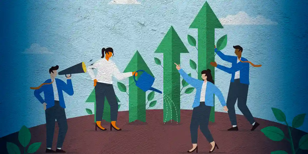 illustration of professionals nurturing upward-pointing arrows with green leaves, symbolizing succession planning