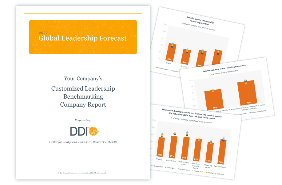 front cover of the Global Leadership Forecast 2027 sample company benchmarking report to the left, and to the right, sample data graphics in the report that companies will receive when they participate?fm=webp&q=65