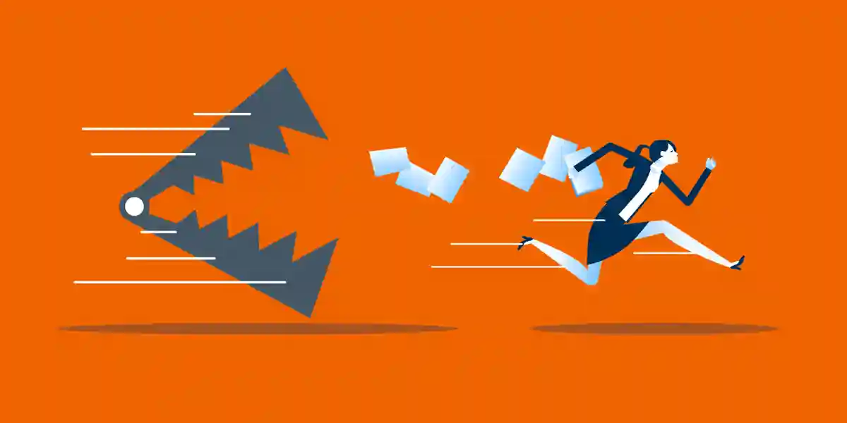 Illustration d’un piège géant ressemblant à un monstre poursuivant une femme d’affaires, avec ses papiers volant partout, pour montrer que le blog est sur la façon de dépasser les pièges cachés des préjugés à l’embauche