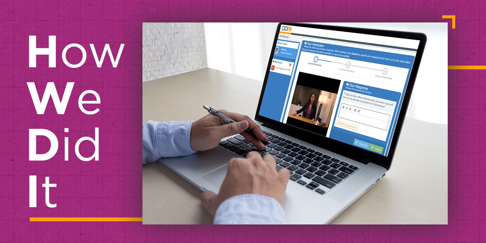 illustration of a leader's hands typing on a laptop with the DDI L3 Assessment on the screen to show that this client story is about how DDI worked with a global client, teaching them how to use assessment to drive development