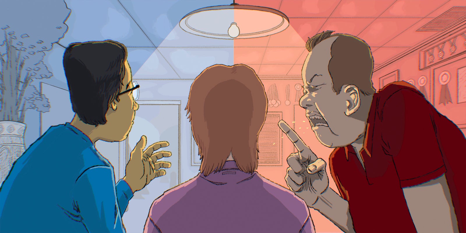 illustration of a person being coached at work from behind with a split screen of a good coach in blue on the left who looks to be explaining something in an empowering way and a bad coach on the right who is angrily looking at his coachee, shaking his finger, showing this blog will be discussing the effectiveness of manager coaching