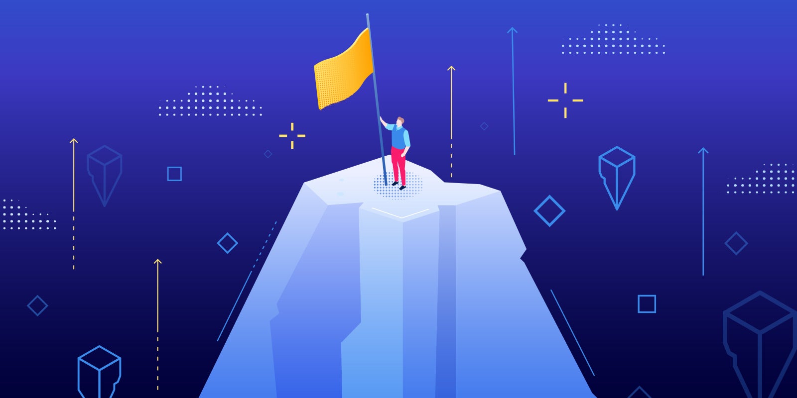 illustration of a male leader holding a flag, on top of a mountain to show that this blog is about top CEO challenges and how to overcome them