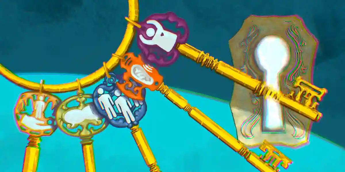 illustration de 5 clés sur un porte-clés à côté d’une serrure, chaque clé avec une icône pertinente pour chacun des 5 principes clés de DDI en cas de crise, par exemple, l’une des clés a une icône d’une personne fléchissant ses muscles avec un cœur sur sa poitrine pour le principe clé du maintien ou de l’amélioration de l’estime de soi