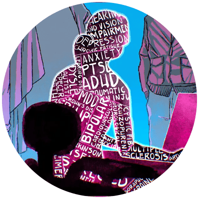 silhouette of person sitting at desk chair with words of different disabilities written on their body to symbolize one of the top leadership articles of 2023