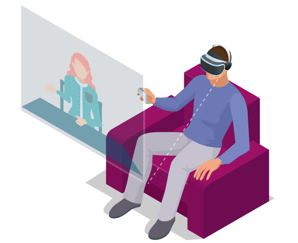 Animation with a man sitting in a chair with a VR headset on, and a view of the screen he sees with a professional woman sitting at a desk speaking to him?auto=format&q=75