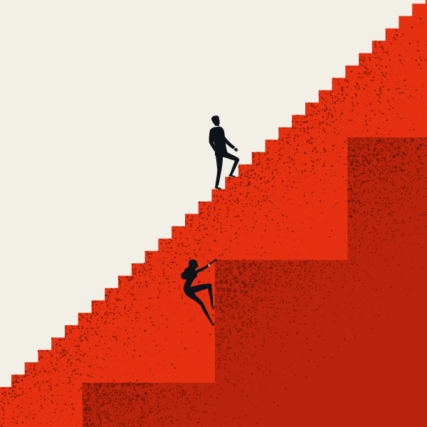 Deux escaliers animés avec une femme qui en monte un où les marches sont beaucoup plus éloignées les unes des autres et un homme qui monte une autre série d’escaliers où les marches sont beaucoup plus proches les unes des autres pour symboliser les femmes qui luttent pour obtenir des responsabilités en matière de compte de travail