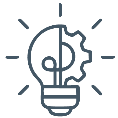 icon of a light bulb merged with a gear to show that a hot leadership topic in 2025 is embracing innovation to solve challenges