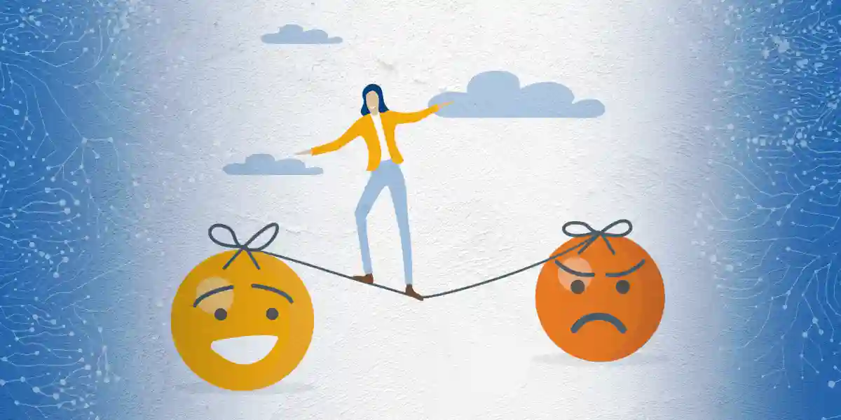 A woman balancing her emotions on a tight rope and she is leaning towards happy and peaceful over angry and sad.