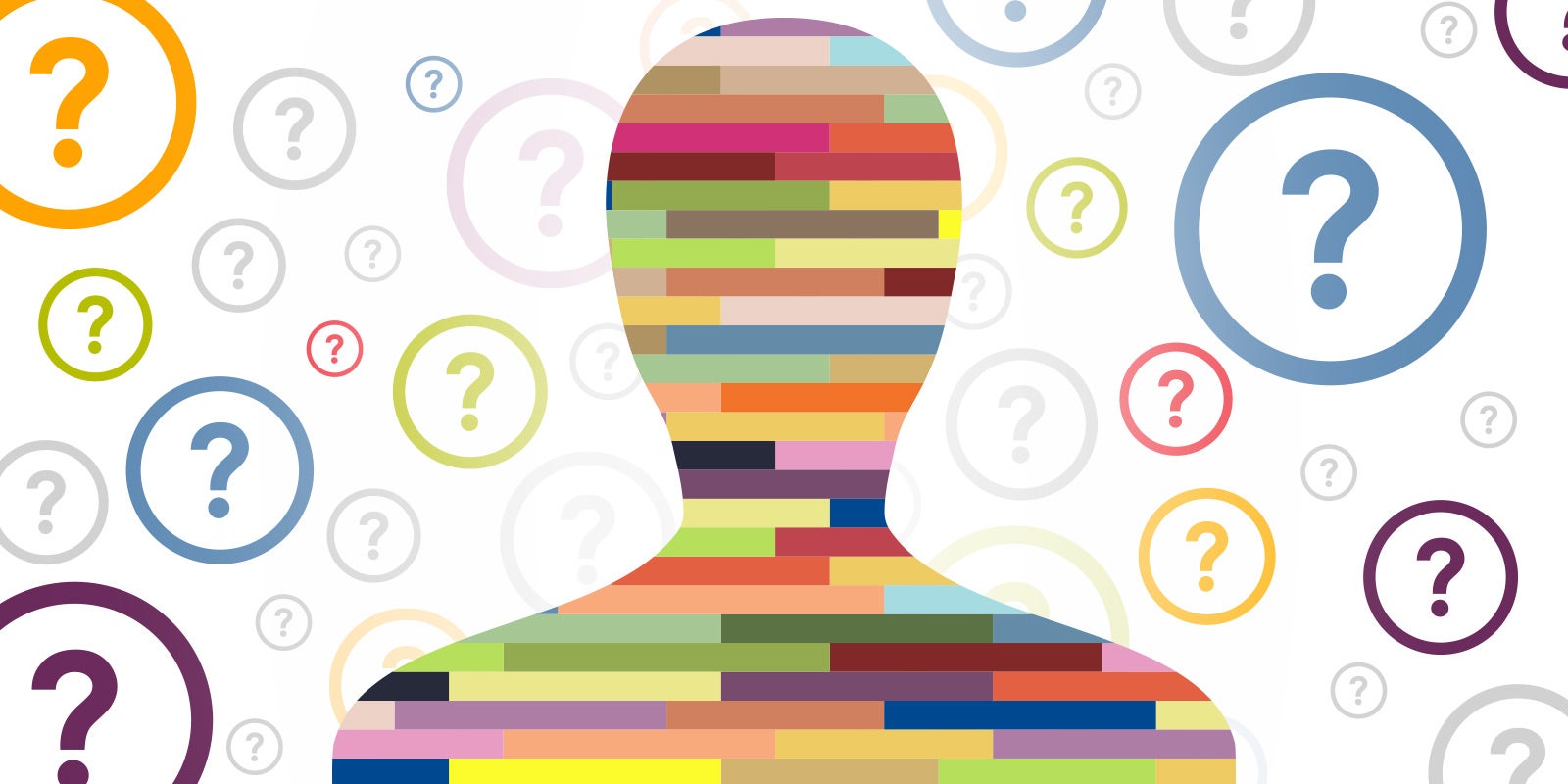 question marks surround a shaded head and upper body of a person filled in with bands of different colors to showcase this blog is about how to use personality tests at work