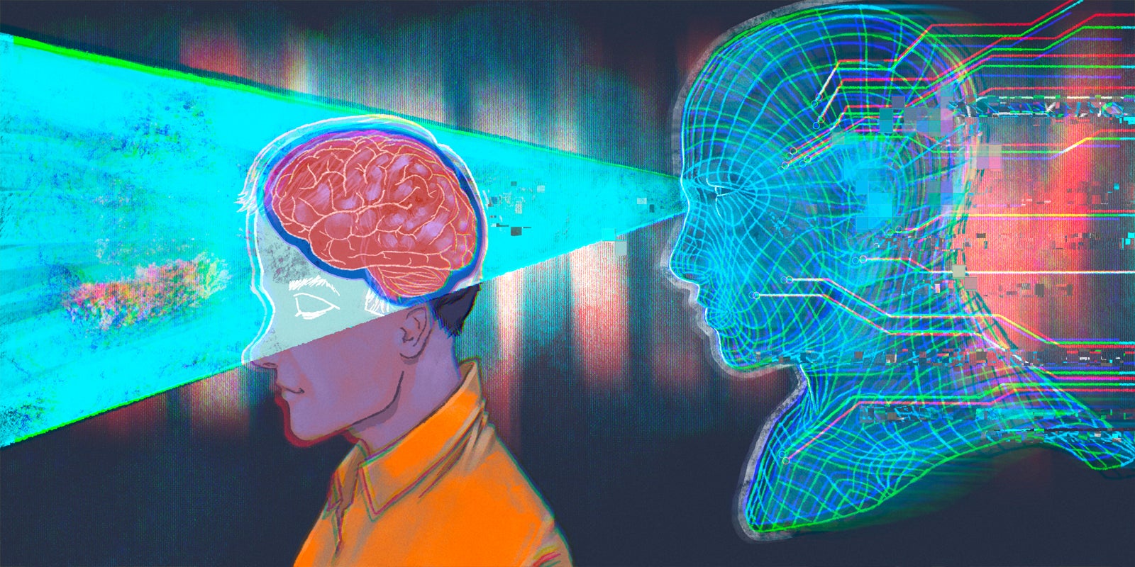 AI-based leadership assessments depicted by AI scanning human brain