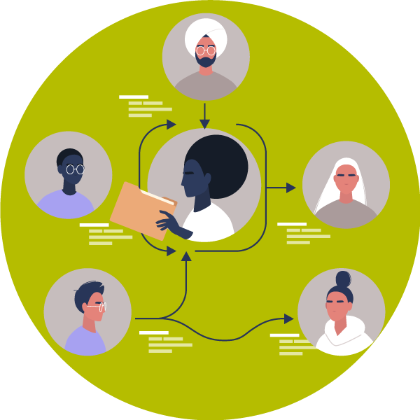illustration of a CEO in the center of a circle holding a folder that symbolizes the strategy, surrounded by other peoples' headed connected to the CEO, all symbolizing the Agile Strategist, one of the five CEO leadership personas