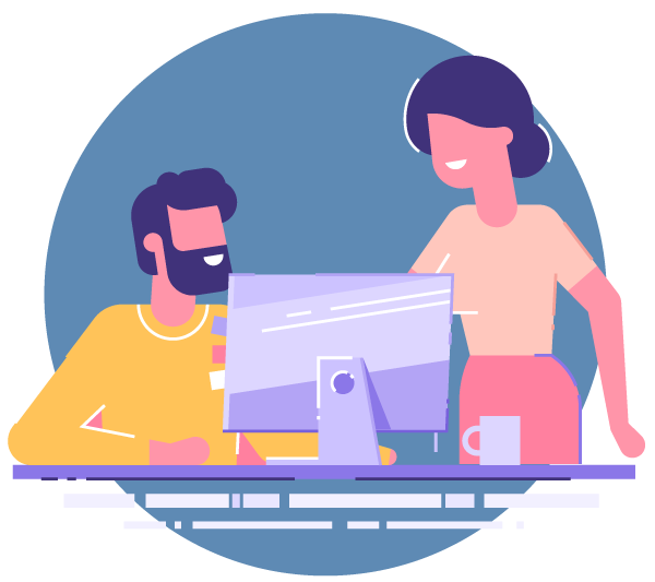 Illustration von zwei Personen, die bei der Arbeit hinter einem Laptop zusammenarbeiten, um diesen Teil des Blogs zu zeigen, beschreibt Ratschläge für Manager zum ersten Mal für eine effektive Kommunikation mit Teammitgliedern