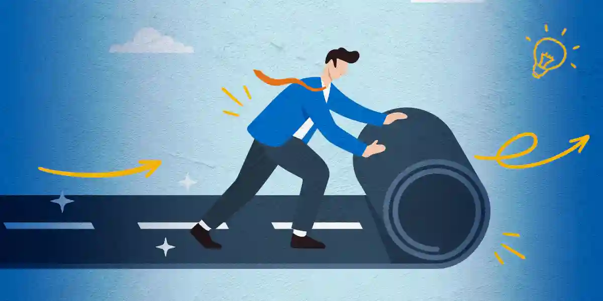Illustration of a leader unrolling a road like a map, symbolizing individual development plans, continuous learning, and career growth.