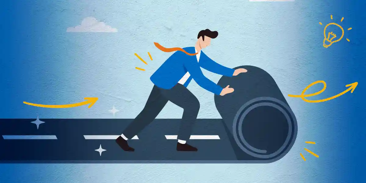 Illustration of a leader unrolling a road like a map, symbolizing individual development plans, continuous learning, and career growth.
