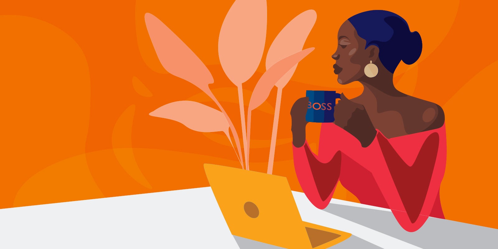 illustration of a woman leader working in front of her laptop, drinking from a mug that says "boss" to show this blog gives tips for being the new boss