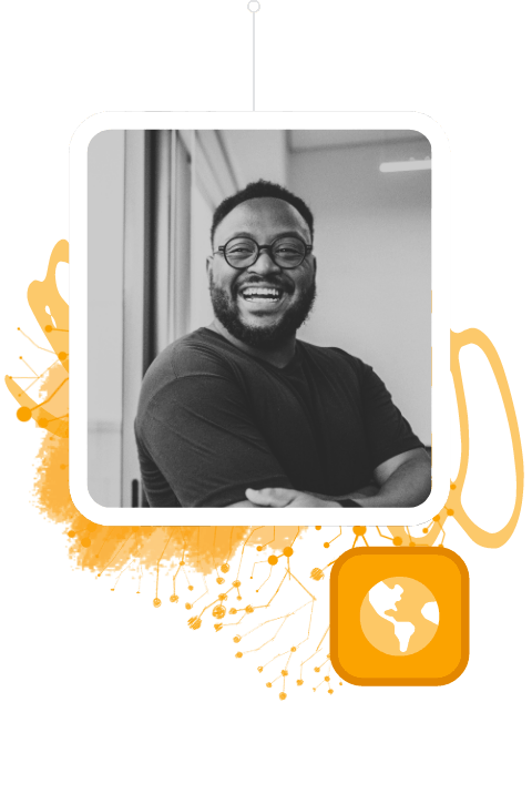 Smiling leader looking forward in a workplace setting.