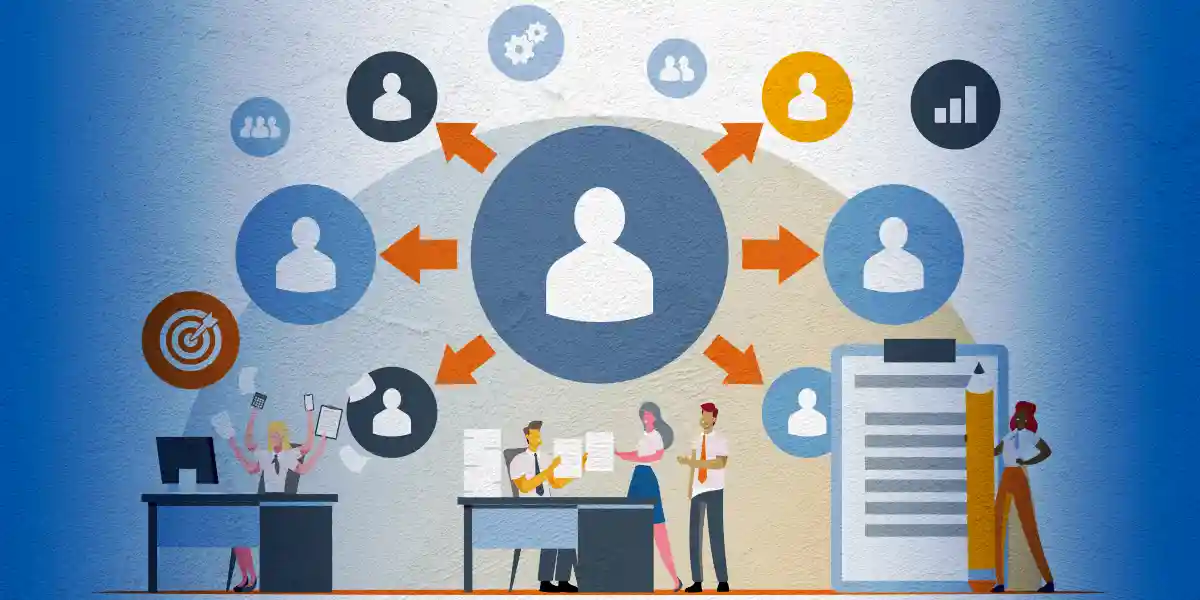 A colorful illustration that shows multiple leaders considering tasks and how effective delegation may help empower their team and improve performance.