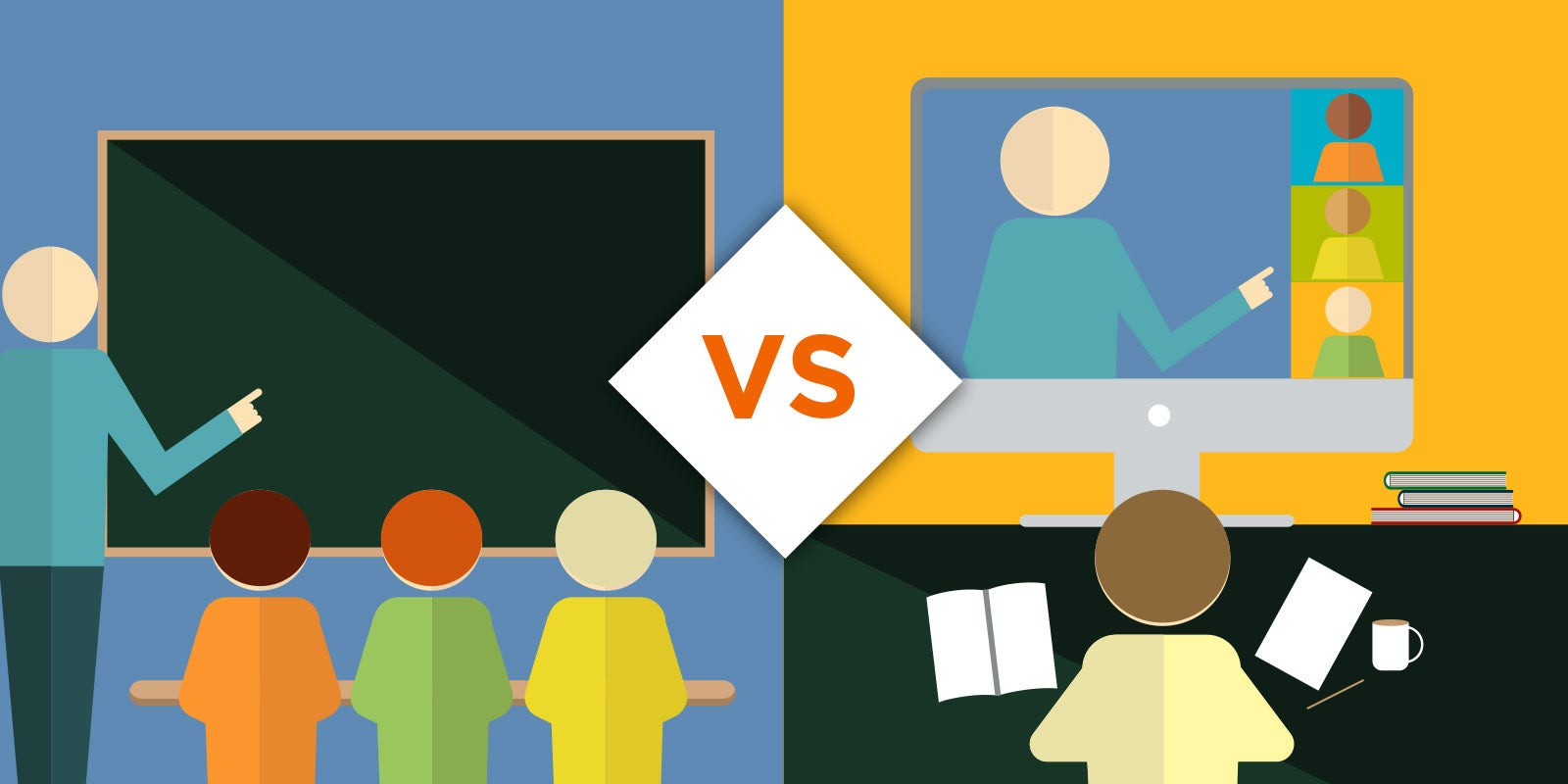 animated images of an instructor teaching in front of a class to the left and a virtual learning session taking place to the right to show virtual vs. in-person leadership development