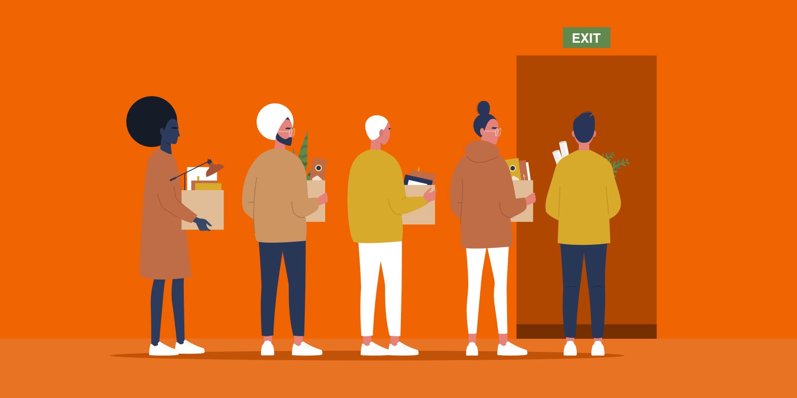 illustration of several diverse leaders, boxes in hand, heading for the door, showing that this blog is about answering why good employees leave