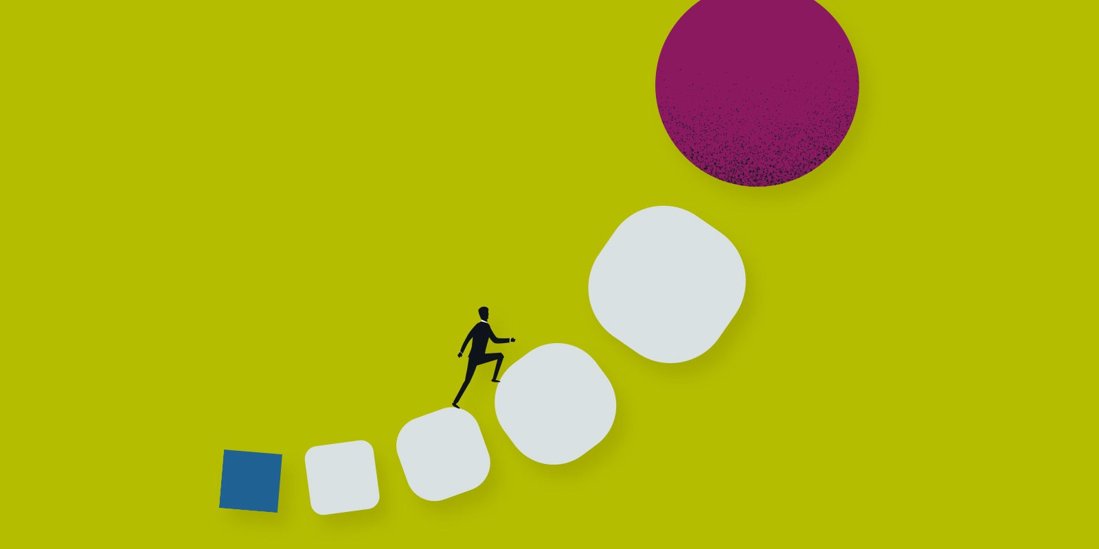 a figure of a business professional climbing a path of blocks growing in size, the last block is circle-shaped, and purple, the whole scene symbolic of the leadership culture he is building at his organization