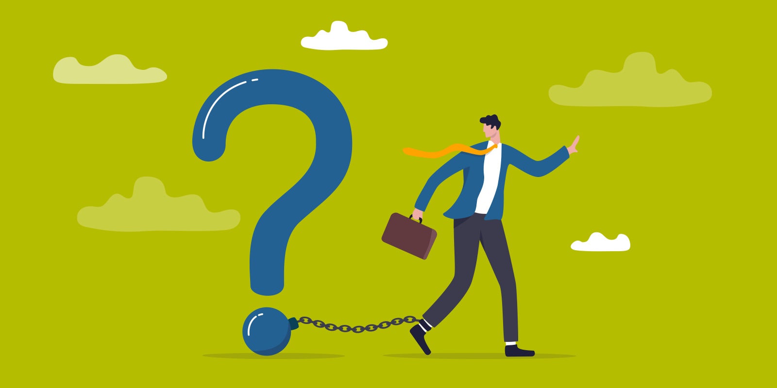 illustration of a giant question mark with a man business leader chained to the question mark to show this blog is about mistakes boards make with c-suite leadership development