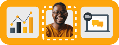 Icon of graph next to photo of man leader next to icon of a computer