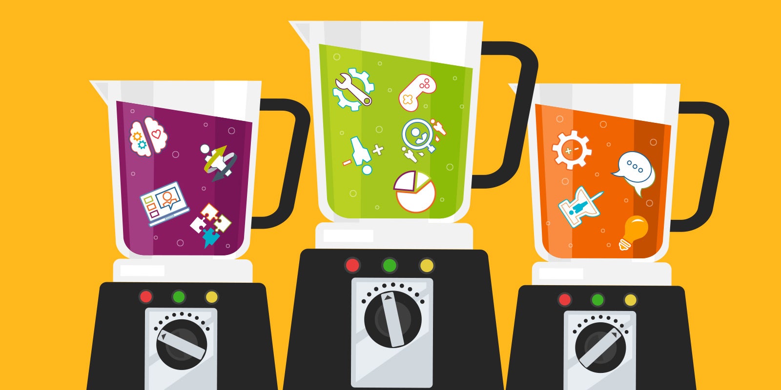 three illustrated blenders with different icons and images that represent different blended learning strategies floating in each blender's juice