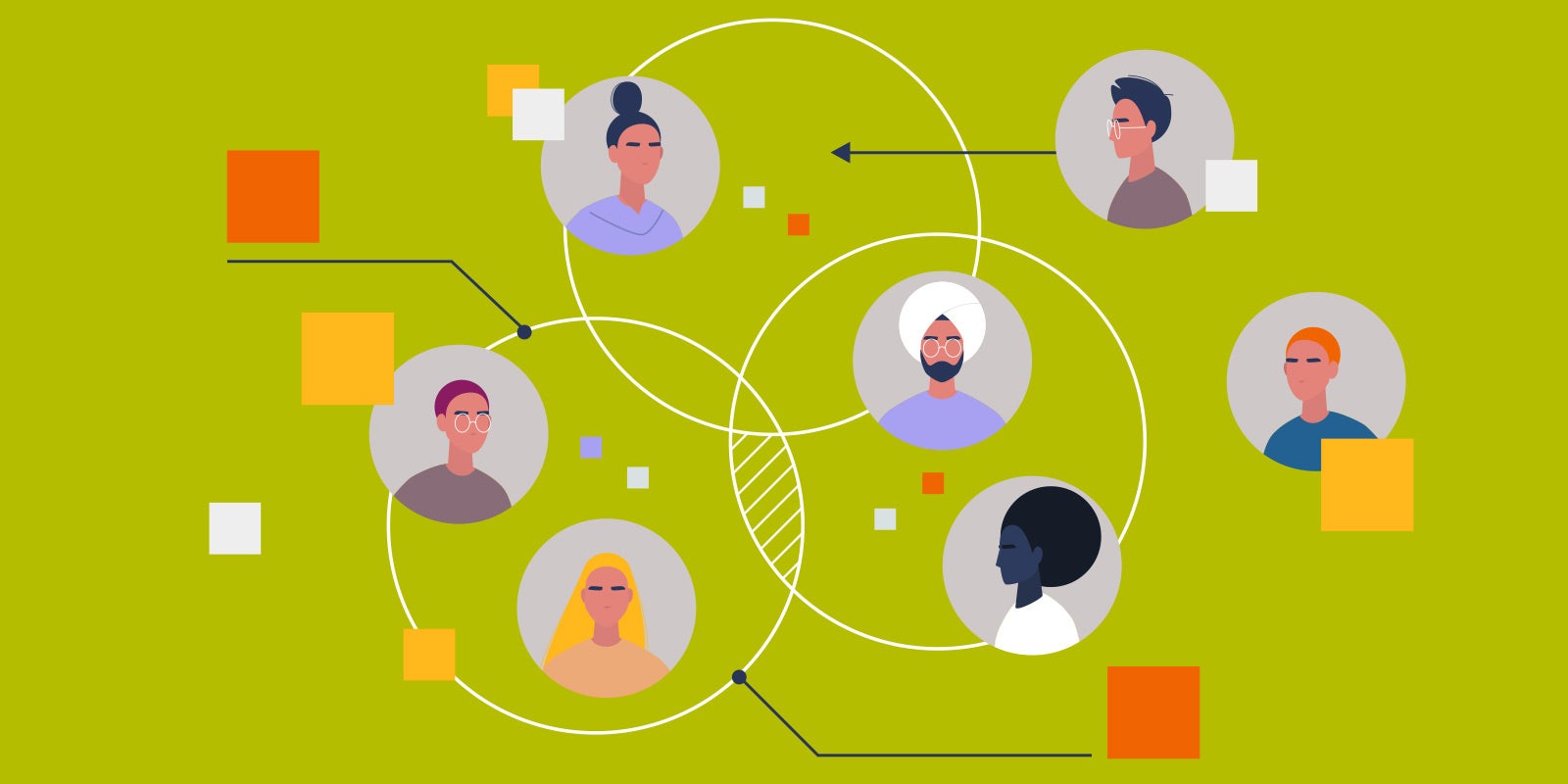 illustration of circles with diverse leaders faces and arrows and larger circles connecting the smaller circles showing this blog is about how executives can optimize team structure