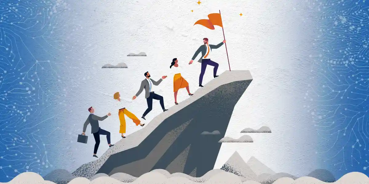 Manager helping his team work together to succeed. An illustration of a manager leading a team up a mount to the top where the flag is.