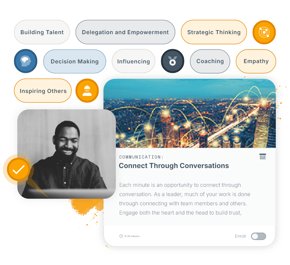 LeaderLab interface showing skill tags like strategic thinking, Building Talent, and empathy, alongside a course card titled “Connect Through Conversations” and a black-and-white participant image with a completion checkmark.