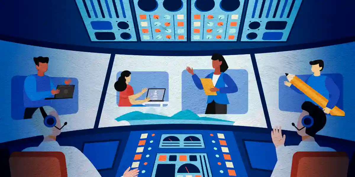 Illustration d’un environnement de centre d’évaluation montrant des évaluateurs observant des participants dans des exercices de leadership simulés, des tâches de prise de décision et des scénarios de travail d’équipe.