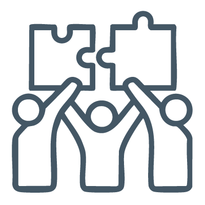icon of people fitting together puzzle pieces to show that leaders will reshape work culture in 2025 to prioritize flexibility and well-being
