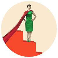 circle image with a woman middle manager shown standing on the middle of a staircase with a super hero cape on 