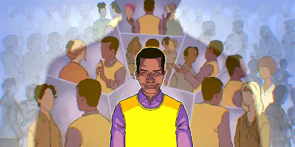 Mittlerer Manager, umgeben von verschiedenen Versionen seiner selbst, um Persönlichkeitseinblicke für mittlere Manager zu symbolisieren