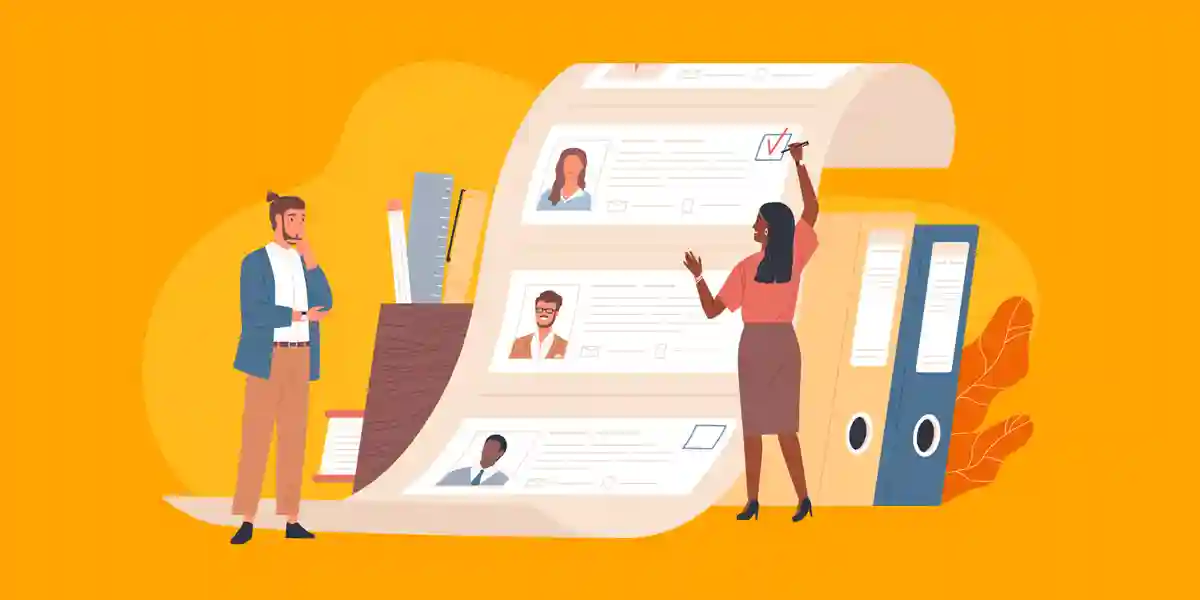 Graphique de deux personnes discutant de la façon d’améliorer le processus d’embauche