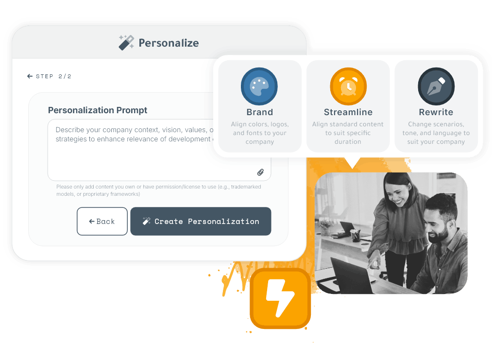 Personalize dashboard showing a Personalization Prompt field and customization options for Brand, Streamline, and Rewrite, alongside two professionals collaborating at a laptop and a Create Personalization button.