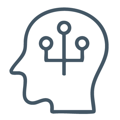 icon of a person's head. inside are branching and parallel ideas to show that partnering with AI will be a hot leadership topic in 2025