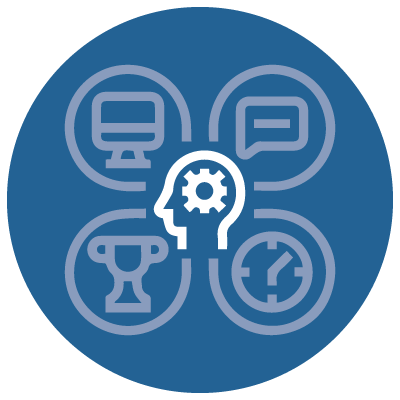 Icône d’une tête entourée d’autres icônes représentant les compétences en leadership, une bulle de conversation pour montrer une bonne communication, une horloge pour montrer une bonne planification, etc. pour montrer qu’une stratégie pour créer une culture de leadership saine consiste à former des leaders dans des compétences essentielles