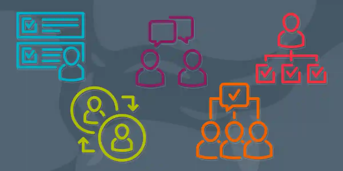 Illustration de diverses icônes sur les meilleures pratiques de coaching des employés qui seront partagées dans ce blog, par exemple : une liste avec des cases cochées pour montrer que l’une des meilleures pratiques pour des conversations de coaching efficaces avec les employés est de définir vos objectifs de coaching dès le départ