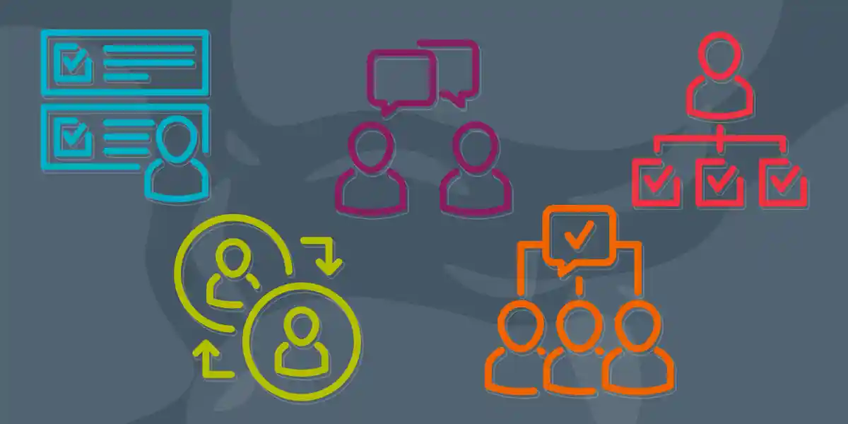 Illustration de diverses icônes sur les meilleures pratiques de coaching des employés qui seront partagées dans ce blog, par exemple : une liste avec des cases cochées pour montrer que l’une des meilleures pratiques pour des conversations de coaching efficaces avec les employés est de définir vos objectifs de coaching dès le départ